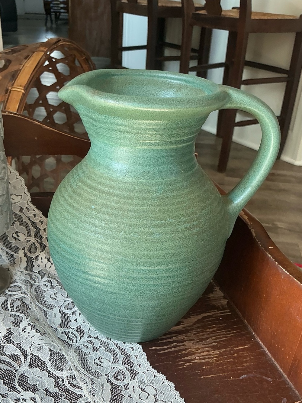 Vintage Royal Haeger Pottery Pitcher Vase 505-89 Ribbed Matte Green Celadon 1999